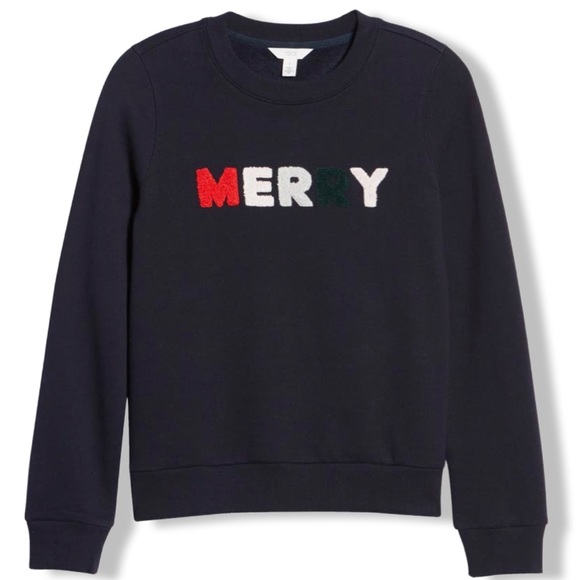 MERRY Holiday Festive Sweatshirt, Navy w/ raised textured multi-colored letters - Picture 1 of 12